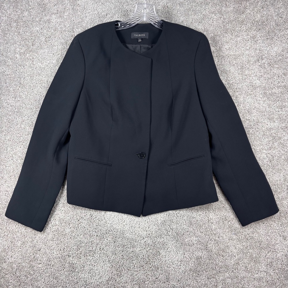 Talbots Womens Black Collarless Single Button Blazer Jacket Size 14 PH95 09/11